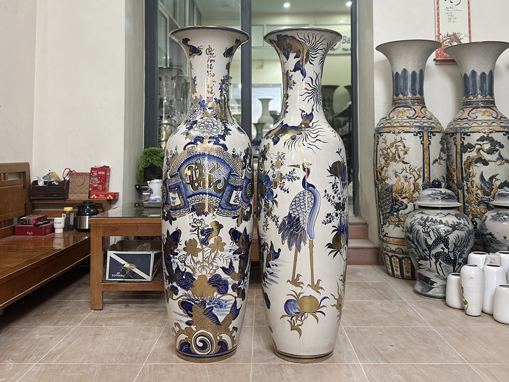 Lọ lộc bình Bát Tràng men lam Phúc Đức vẽ vàng nano 1m4 5